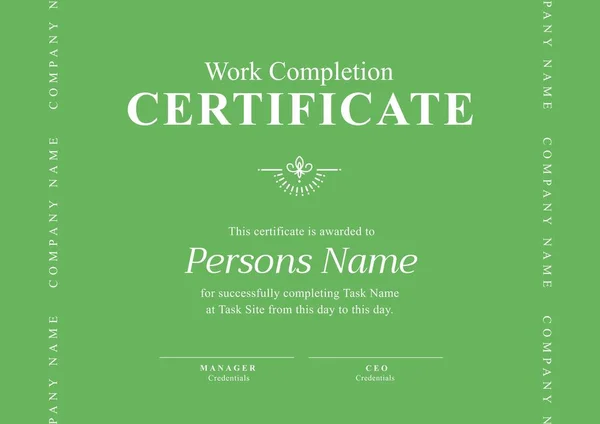 Obrázek Šablony Certifikátu Dokončení Práce Zeleném Pozadí Pracovní Smlouvy Certifikáty — Stock fotografie