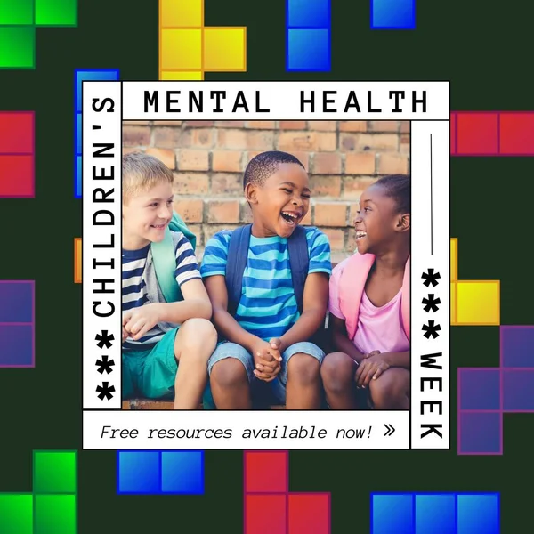 Složení Týdeníku Duševního Zdraví Dětí Nad Různými Dětmi Černém Pozadí — Stock fotografie