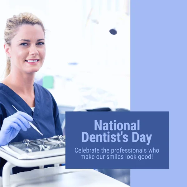 Composition of national dentist\'s day text and caucasian female dentist. National dentist\'s day, dentistry and tooth health concept.