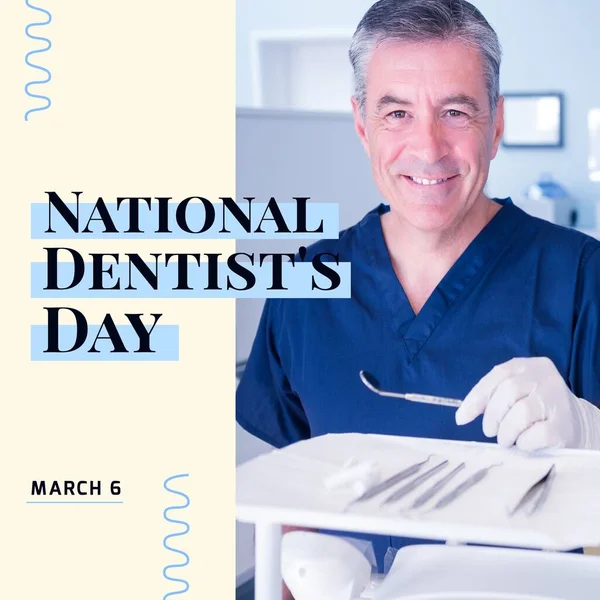 Composition of national dentist\'s day text and male dentist in surgery. National dentist\'s day, dentistry and tooth health concept.