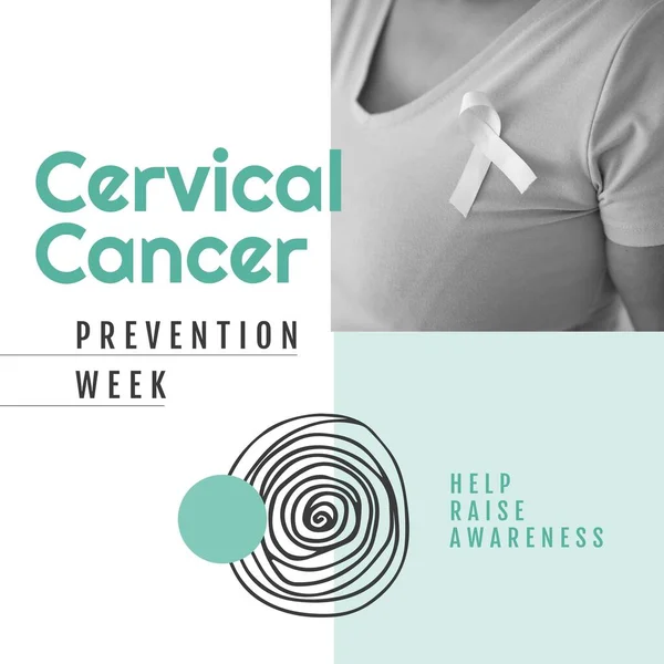 Composition of cervical cancer awareness week text over woman with ribbon. Cervical cancer awareness week and celebration concept digitally generated image.