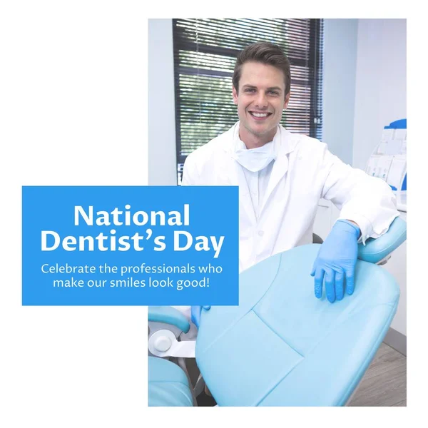 Composition of national dentist\'s day text and caucasian male dentist. National dentist\'s day, dentistry and tooth health concept.