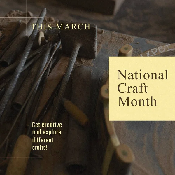 Skład Krajowego Tekstu Miesiąca Rzemiosła Nad Narzędziami Warsztatach Miesiąc Rzemieślniczy — Zdjęcie stockowe