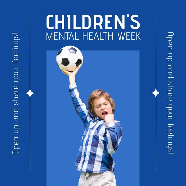 Composition of children\'s mental health week text over caucasian boy on blue background. Children\'s mental health week and celebration concept digitally generated image.