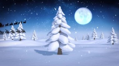 Dolunay ve karlı kış manzarasının üzerinde uçan kızak siluetinde baba animasyonu. Noel, gelenek ve kutlama konsepti dijital olarak oluşturuldu.