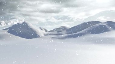 Karlı kış manzarasının üzerinde uçan kızak beyazı bir siluette baba animasyonu. Noel, gelenek ve kutlama konsepti dijital olarak oluşturuldu.