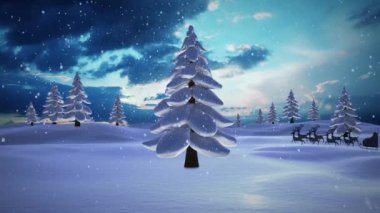 Karlı kış manzarasında uçan kızak siluetinde baba animasyonu. Noel, gelenek ve kutlama konsepti dijital olarak oluşturuldu.