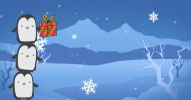 Kar yağışının animasyonu ve kışın arka planda noel hediyesi olan üç penguen. dünya penguen günü ve noel konsepti dijital olarak oluşturulmuş video.