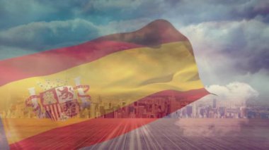 Şehrin üzerinde sallanan İspanya bayrağının animasyonu. seyahat, tatiller, vatanseverlik ve dijital olarak üretilen video konsepti.