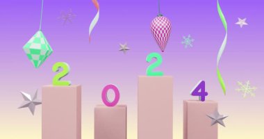 Yeni yılda 2024 numaranın animasyonu ve mor arka planda noel süslemeleri. Yeni yıl arifesi, kutlama ve şenlik konsepti dijital olarak oluşturuldu.