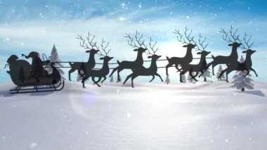 Karlı kış manzarasında uçan kızak siluetinde baba animasyonu. Noel, gelenek ve kutlama konsepti dijital olarak oluşturuldu.