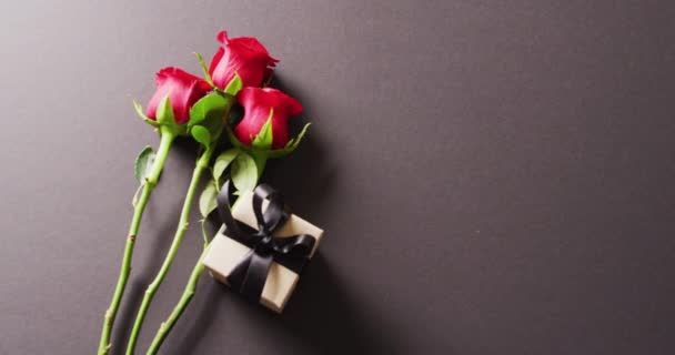 Видео Стеллажей Цветами Красной Розы Подарочной Коробки Темно Сером Фоне — стоковое видео