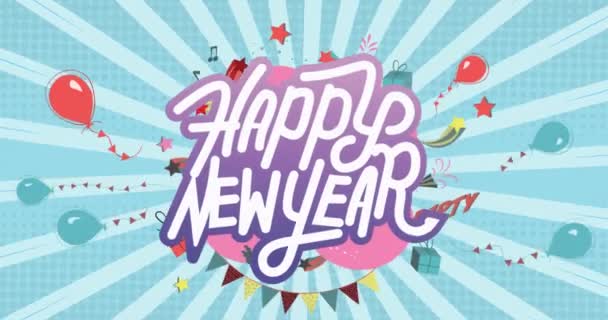 Animacja Szczęśliwego Nowego Roku Tekst Nad Balonami Niebieskie Paski Przędzenia — Wideo stockowe