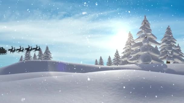 Animação Pai Natal Silhueta Trenó Voando Sobre Cenário Inverno Nevado — Vídeo de Stock