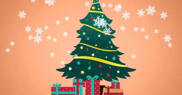 クリスマスツリーと雪の秋にロシア語でクリスマスの挨拶のアニメーション 正統派のクリスマス お祝いのコンセプトをデジタルで — ストック動画