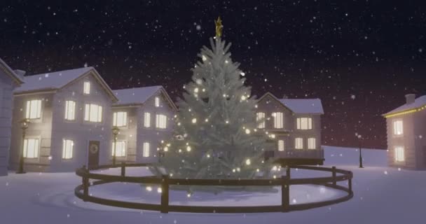 家屋や冬の風景とクリスマスツリーに落ちる雪のアニメーション クリスマス お祝いのコンセプトデジタル生成ビデオ — ストック動画
