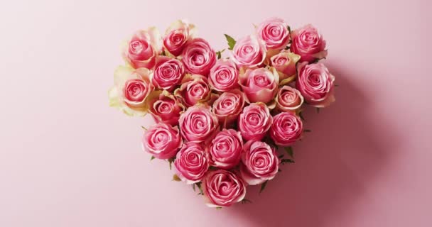 Vídeo Aéreo Buquê Forma Coração Rosas Rosa Fundo Rosa Romance — Vídeo de Stock