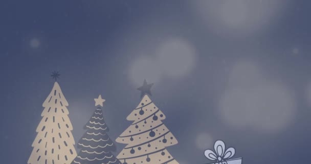 Animazione Macchie Luce Sopra Icone Dell Albero Natale Sfondo Blu — Video Stock