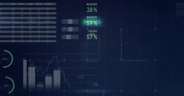 青の背景に統計データ処理上のネオンラウンド形状上のバッテリーアイコンのアニメーション ビジネスデータ技術の概念 — ストック動画