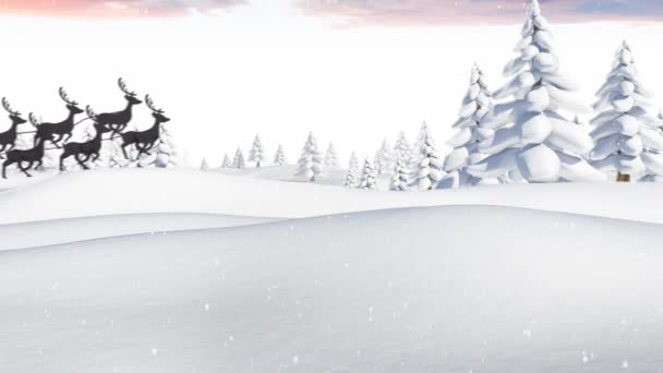 在雪地的冬季风景上 雪橇上挂着圣诞老人的动画片 圣诞节 传统和庆祝概念数字制作的视频 — 图库视频影像