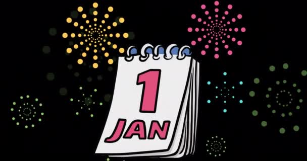 Animatie Van Jan Tekst Kalender Vuurwerk Ontploft Zwarte Achtergrond Nieuwjaar — Stockvideo