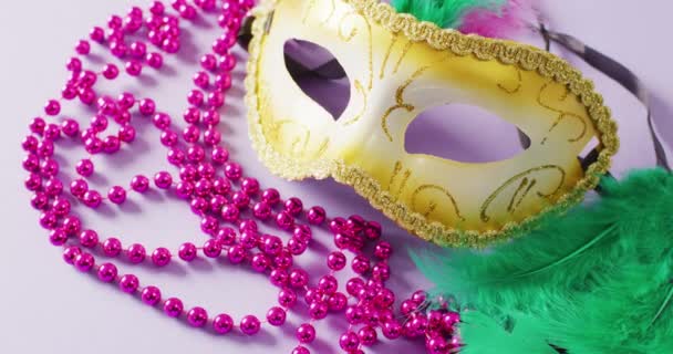 緑の羽とピンクのマルディグラビーズとカーニバル仮面舞踏会のビデオ カーニバル ドレスアップ パーティーの小道具 楽しさとお祝いのコンセプト — ストック動画