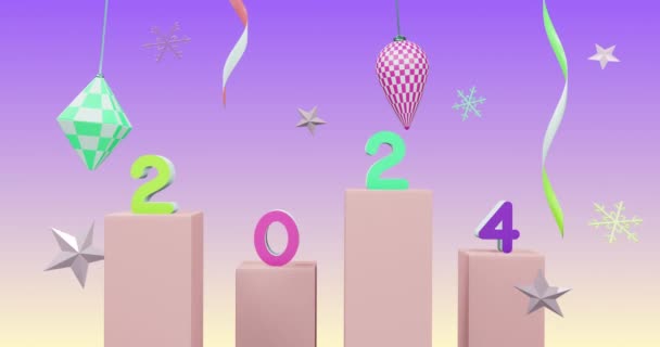 Анімація Номеру 2024 Новий Рік Різдвяні Прикраси Фіолетовому Фоні Напередодні — стокове відео