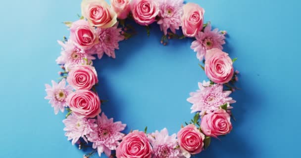 Nad Głową Film Girlandy Różowe Róże Chryzantemy Niebieskim Tle Miejsca — Wideo stockowe