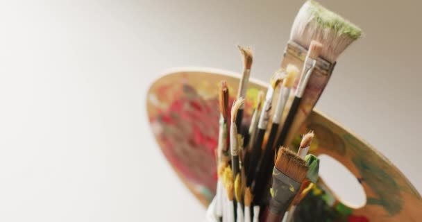 瓶の中の絵筆のコレクションのビデオとコピースペースと淡い背景に使用されるパレット アート 創造性 工芸品 趣味の概念 — ストック動画