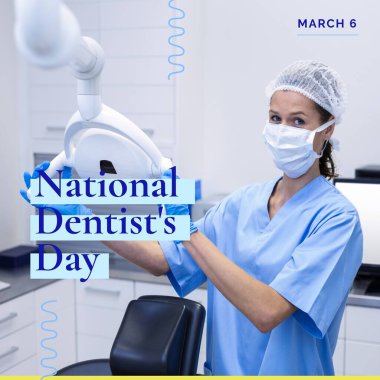 Ulusal dişçi günü metninin ve ameliyatta kadın dişçinin kompozisyonu. Ulusal dişçi günü, diş hekimliği ve diş sağlığı konsepti.