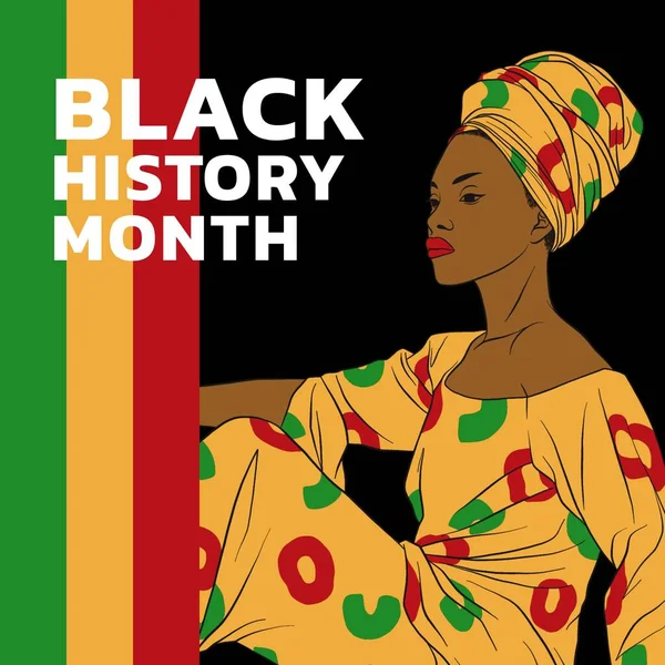 Composition of black history month text over african american woman icon. Black history month and celebration concept digitally generated image.