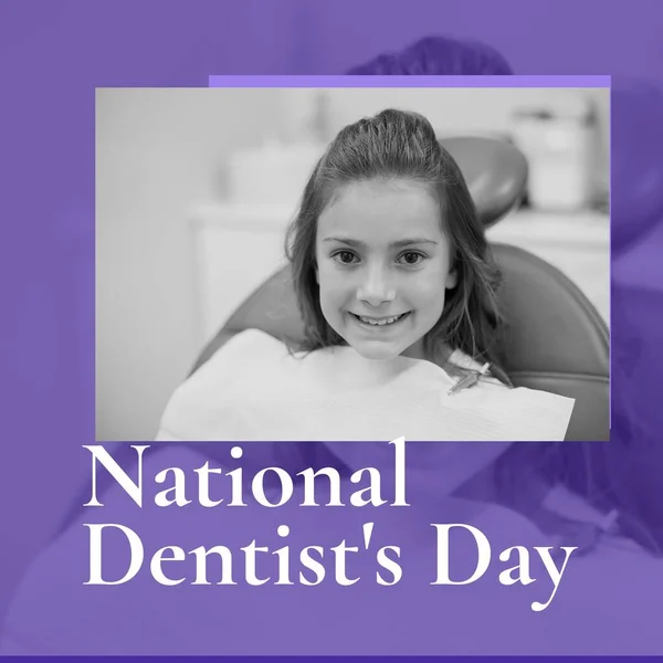 Composition of national dentist\'s day text and girl patient in surgery. National dentist\'s day, dentistry and tooth health concept.