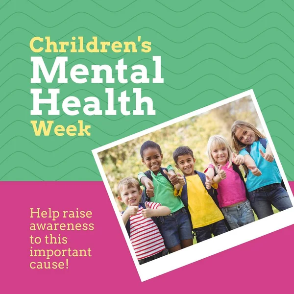 Složení Týdeníku Duševního Zdraví Dětí Nad Různými Dětmi Zeleném Pozadí — Stock fotografie