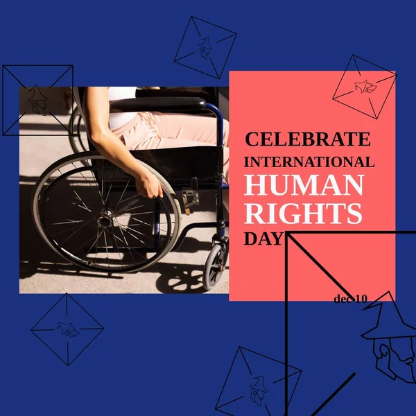 Composition of celebrate international human rights day text over woman sitting in wheelchair. Human rights day, tradition and celebration concept digitally generated image.