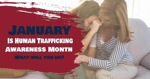 Composite January Human Trafficking Awareness Month Caucasian Mother Consoling Daughter — Stock Photo, Image