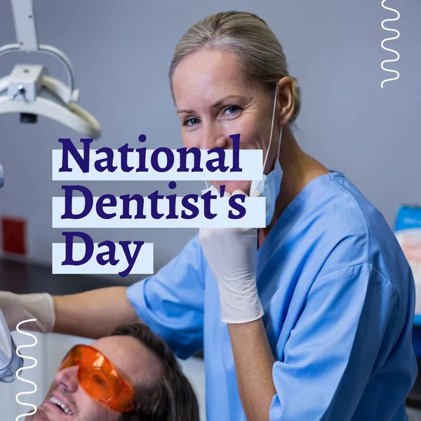 Composition of national dentist\'s day text and female dentist in surgery. National dentist\'s day, dentistry and tooth health concept.