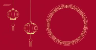 Kırmızı arka planda çin fenerlerinin ve şekillerin animasyonu. Çin yeni yılı, gelenek ve kutlama konsepti dijital olarak oluşturuldu.