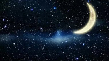 Hilal ay ile gece gökyüzüne düşen kar animasyonu. Noel, kış ve kutlama konsepti dijital olarak oluşturuldu.