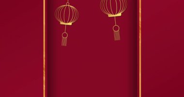 Kırmızı arka planda fener ve çiçek animasyonu. Çin yeni yılı, gelenek ve kutlama konsepti dijital olarak oluşturuldu.