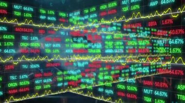 İstatistik ve finansal veri işleme animasyonu. Dijital olarak oluşturulmuş küresel çevrimiçi güvenlik, iş, finans ve veri işleme kavramı.