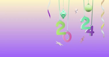 Yeni yılda 2024 numaranın animasyonu ve mor arka planda noel süslemeleri. Yeni yıl arifesi, kutlama ve şenlik konsepti dijital olarak oluşturuldu.