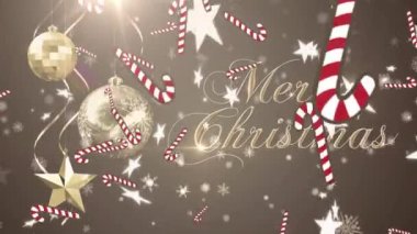 Mücevherler ve baston şekerler üzerine Mutlu Noeller metni. Noel, kış, gelenek ve kutlama konsepti dijital olarak oluşturulmuş video.