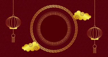 Kırmızı zemin üzerinde çin fenerlerinin animasyonu. Çin yeni yılı, gelenek ve kutlama konsepti dijital olarak oluşturuldu.