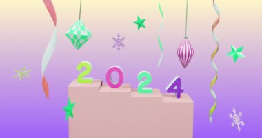 Yeni yılda 2024 numaranın animasyonu ve mor arka planda noel süslemeleri. Yeni yıl arifesi, kutlama ve şenlik konsepti dijital olarak oluşturuldu.