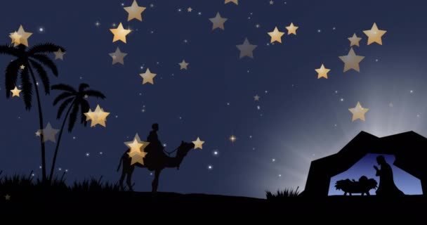 Animación Texto Epifanía Feliz Sobre Belén Navidad Invierno Tradición Concepto — Vídeo de stock
