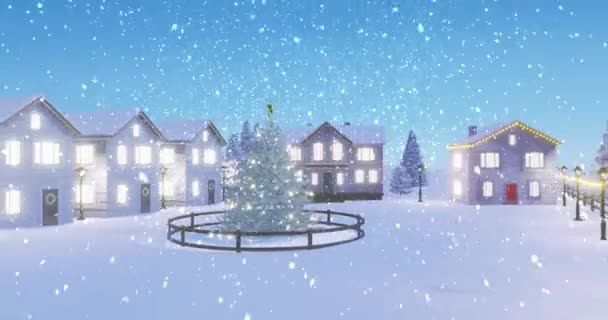Animation Von Schnee Der Auf Den Weihnachtsbaum Fällt Mit Häusern — Stockvideo