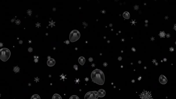 Animacja Latających Czarnych Balonów Płatków Śniegu Czarnym Tle Koncepcja Imprezy — Wideo stockowe
