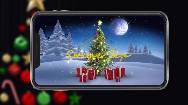 Анімація Санта Клауса Санях Витягнутих Реінгредієнтами Різдвяними Деревами Подарунками Снігопадом — стокове відео