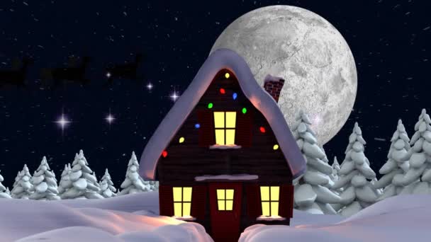 Animation Winter Scenery Santa Claus Sleigh Pulled Reindeers Full Moon — Stock Video