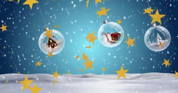 Animación Nieve Cayendo Sobre Adornos Navideños Con Regalos Navidad Invierno — Vídeo de stock